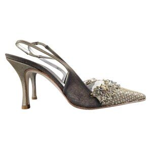 BADGLEY MISCHKA Venus Champagne Beaded Embellished Italian Leather Slingbacks